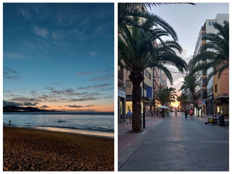 Sonnenuntergang am Playa de Las Canteras und Straße (Calle Luis Morote) zum Strand