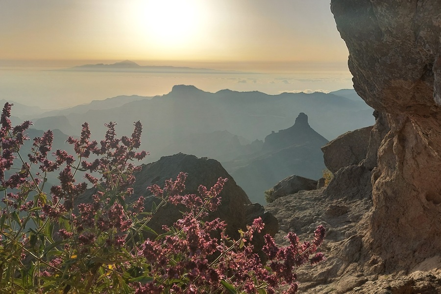 Sonnenuntergang am Roque Nublo mit Blick aufs Meer und dem Teide auf Teneriffa