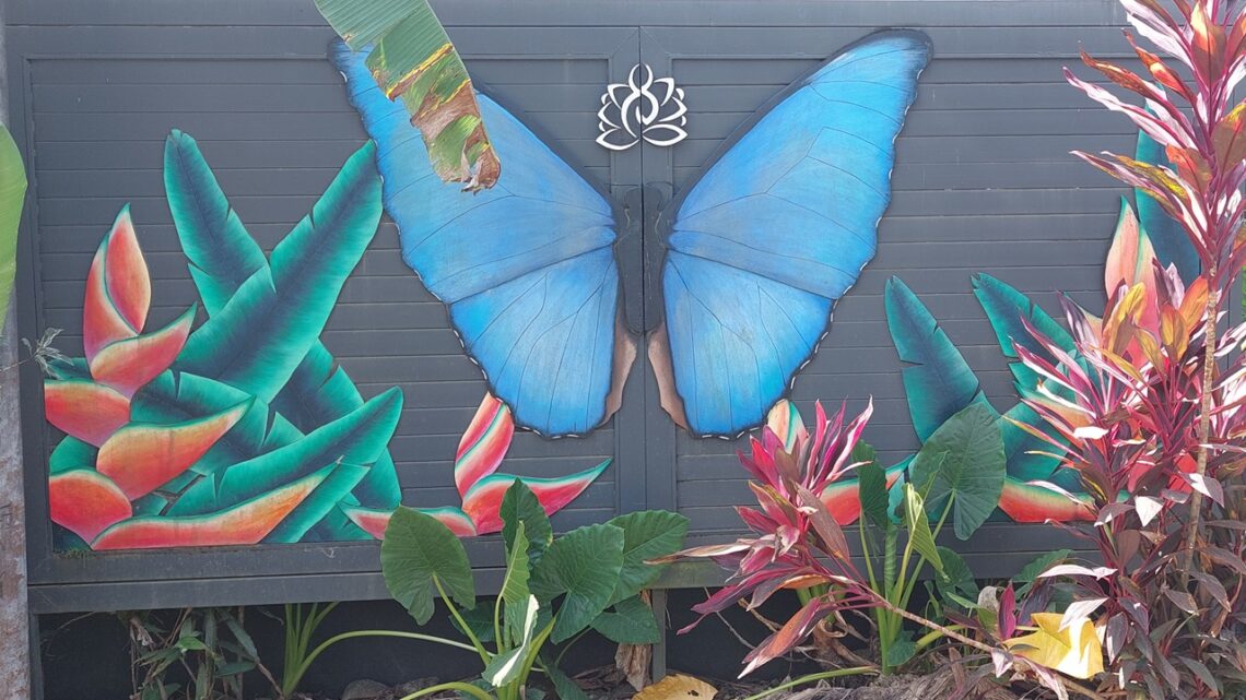 Blue Morpho Schmetterling gemalt auf einer Hauswand in Costa Rica: Symbolbild für Selbstvertrauen stärken